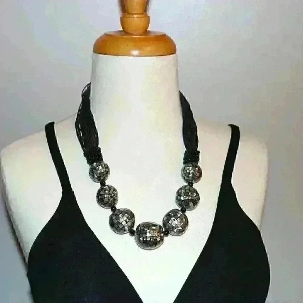 Vtg Sajen Large Statement Graduated Sphere Disco Necklace Black Mosaic Abalone 57$